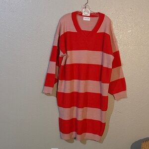 Striped V-Neck Sweater Dress - Red and Pink